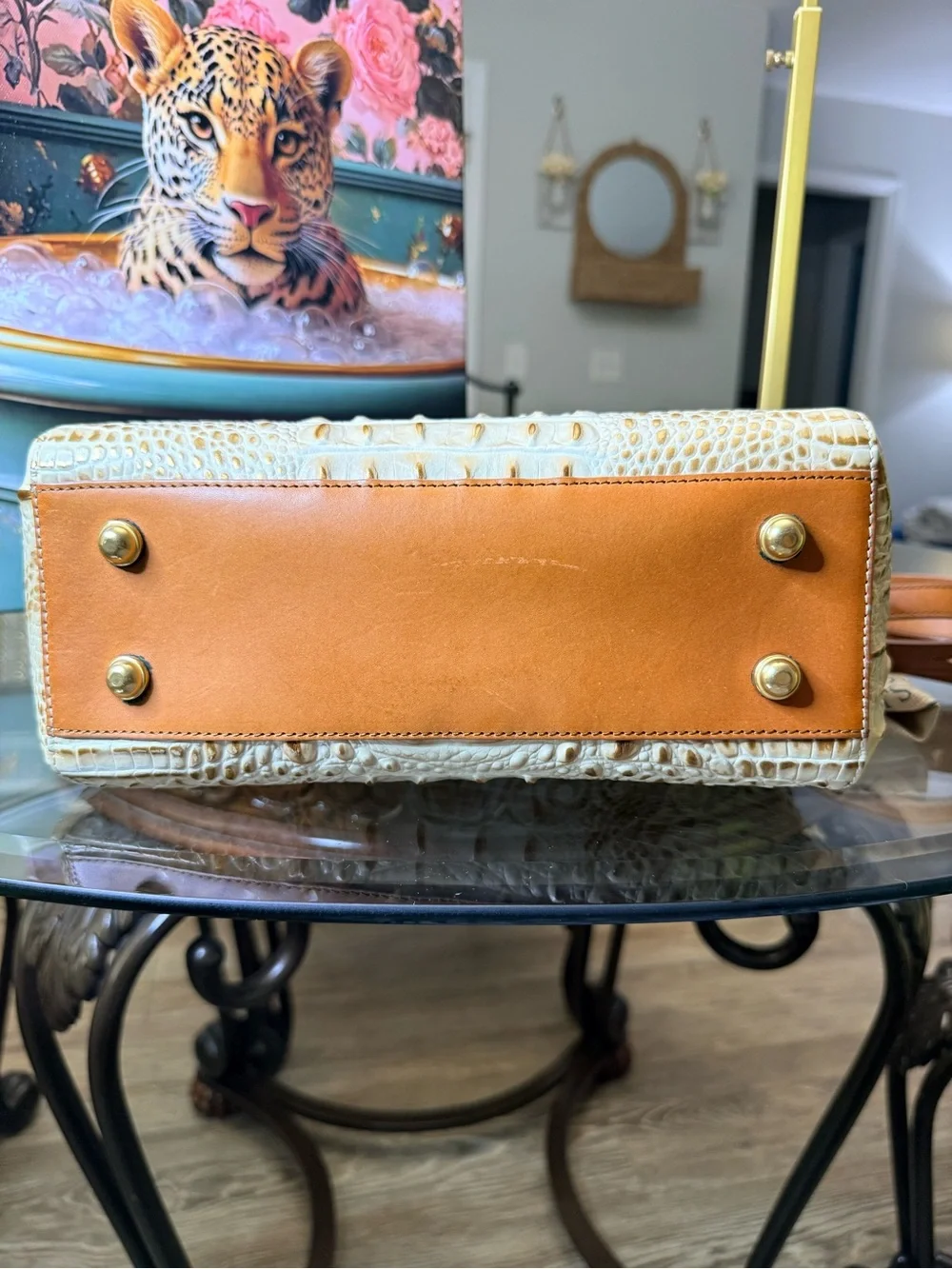 Brahmin Cream Croc-Embossed Satchel with Tan Trim